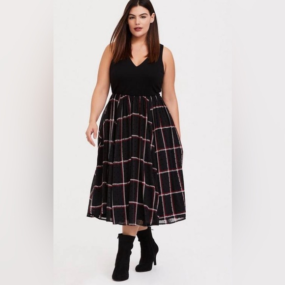 Torrid Midi Chiffon Plaid Skirt Mixed Media Skater Dress Black/Red Plus Size 16 - Picture 4 of 14